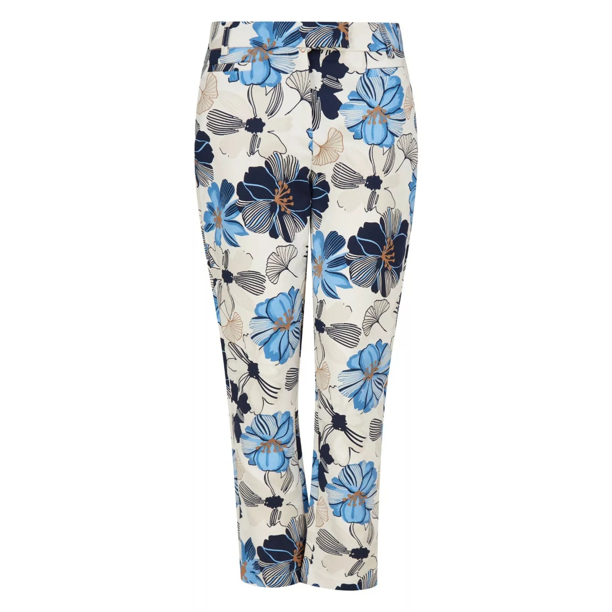Ladies floral print easy care trousers – lightweight spring summer trousers in blue and cream
